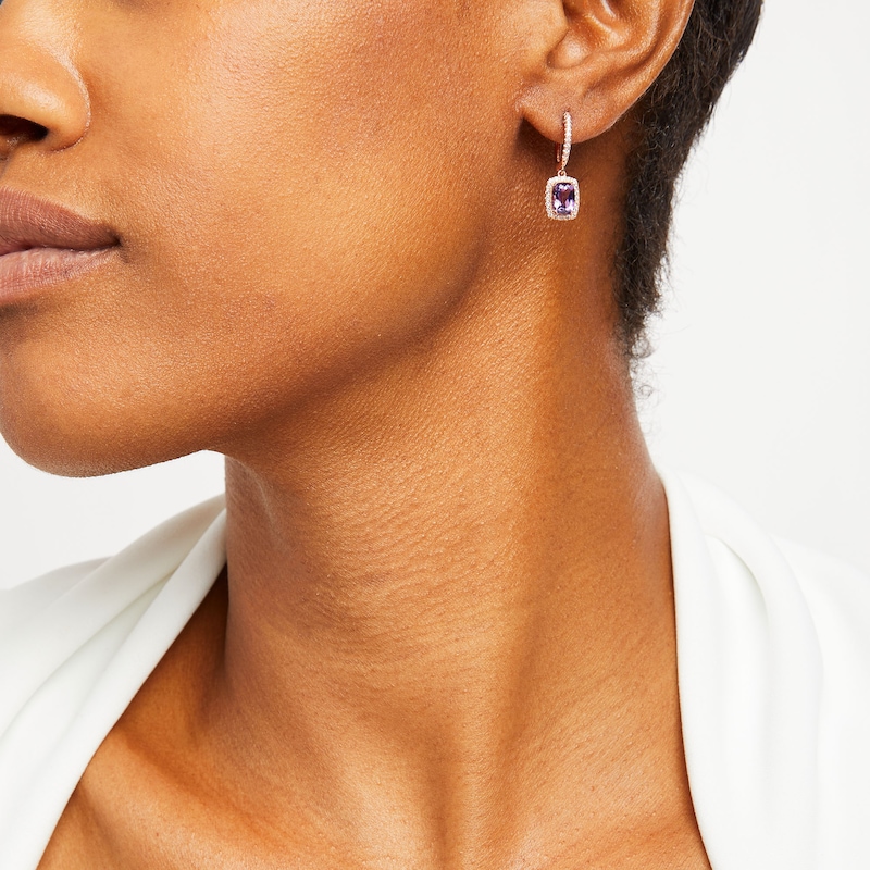 Main Image 2 of Elongated Cushion-Shaped Amethyst and White Topaz Frame Drop Earrings in Sterling Silver with 18K Rose Gold Plate