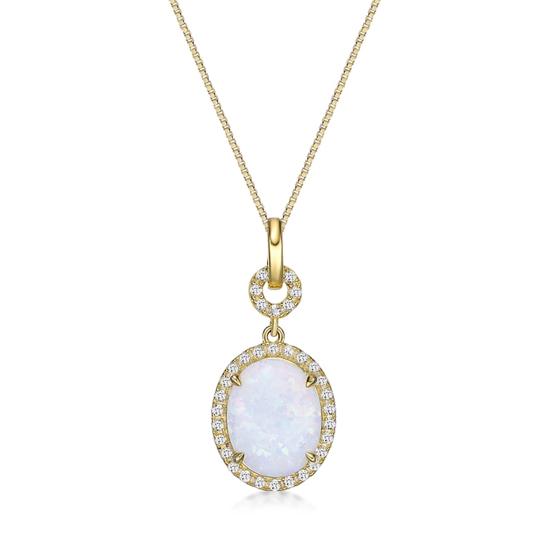 Main Image 1 of Oval Lab-Created Opal and White Lab-Created Sapphire Frame Pendant in Sterling Silver with 18K Gold Plate