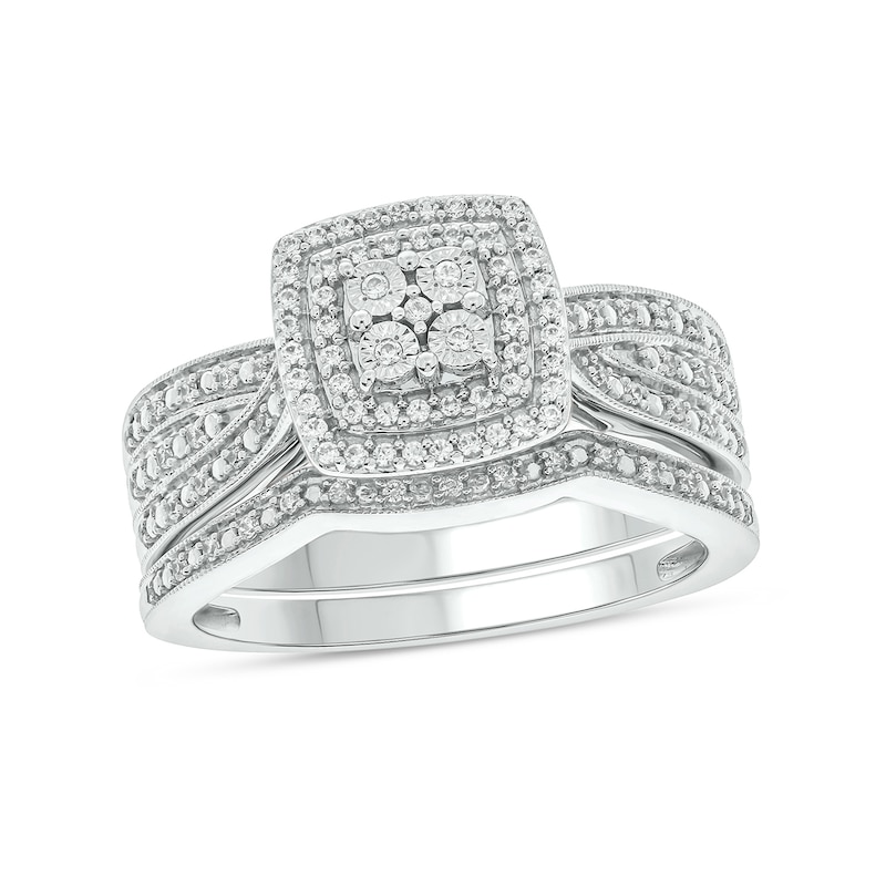 Main Image 1 of 1/4 CT. T.W. Cushion-Shaped Multi-Diamond Double Frame Vintage-Style Bridal Set in Sterling Silver