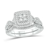 Thumbnail Image 1 of 1/3 CT. T.W. Cushion-Shaped Multi-Diamond Double Frame Twist Shank Vintage-Style Bridal Set in Sterling Silver