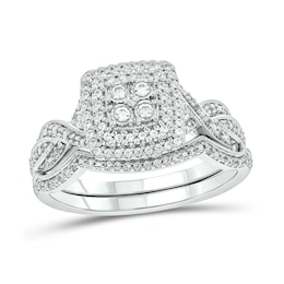 1/3 CT. T.W. Cushion-Shaped Multi-Diamond Double Frame Twist Shank Vintage-Style Bridal Set in Sterling Silver