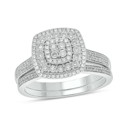 3/8 CT. TW. Cushion-Shaped Multi-Diamond Triple Frame Multi-Row Bridal Set in Sterling Silver