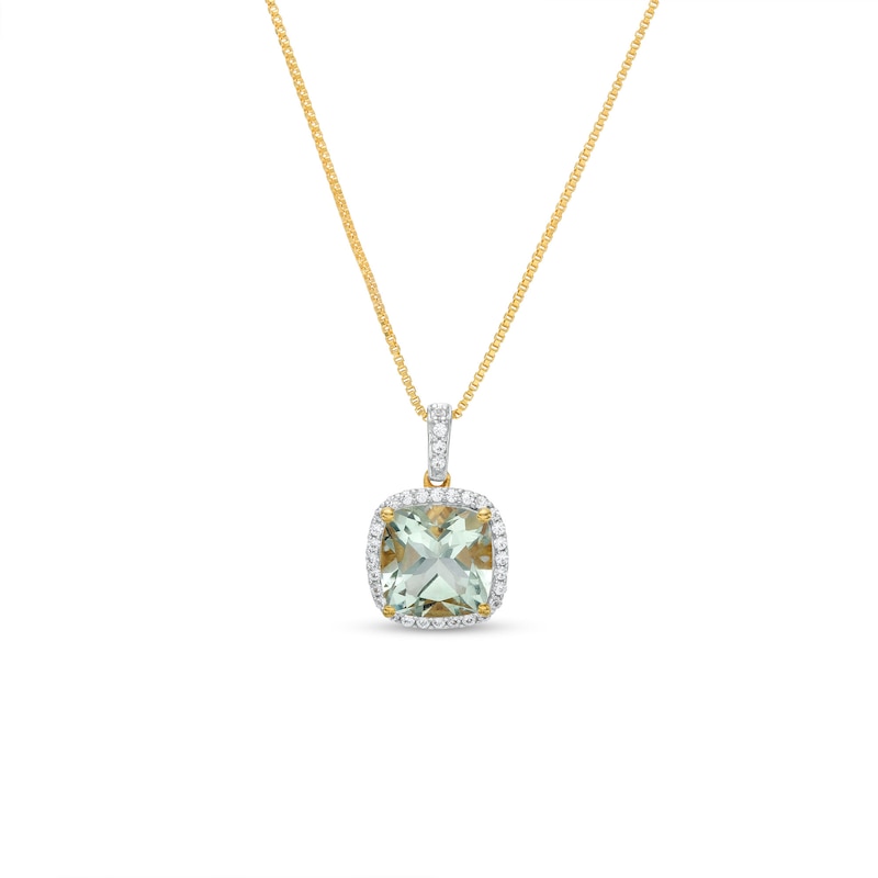 8.0mm Cushion-Cut Green Quartz and White Lab-Created Sapphire Frame Pendant in Sterling Silver with 14K Gold Plate
