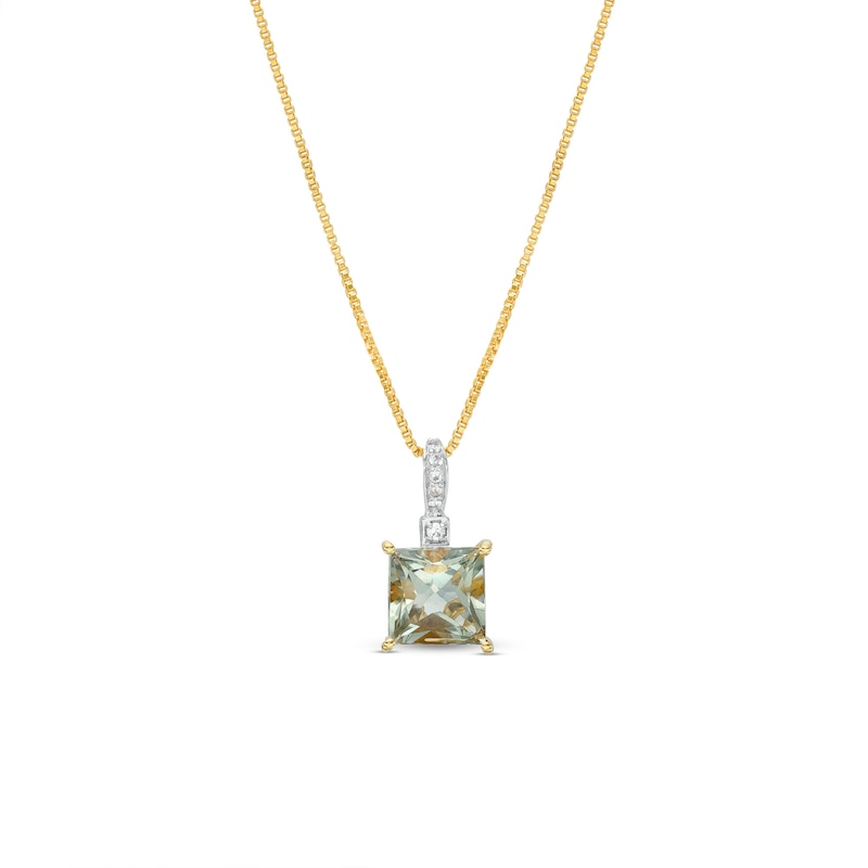 Main Image 1 of 7.0mm Princess-Cut Green Quartz and White Lab-Created Sapphire Pendant in Sterling Silver with 14K Gold Plate