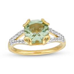 8.0mm Cushion-Cut Green Quartz and White Lab-Created Sapphire Split Shank Ring in Sterling Silver with 14K Gold Plate