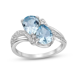 Double Pear-Shaped Sky Blue and White Topaz Bypass Split Shank Ring in Sterling Silver