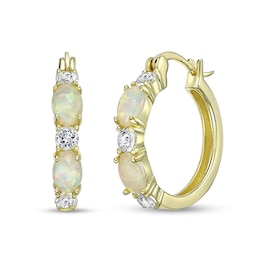 Oval Lab-Created Opal and White Topaz Alternating Hoop Earrings in Sterling Silver with 18K Gold Plate