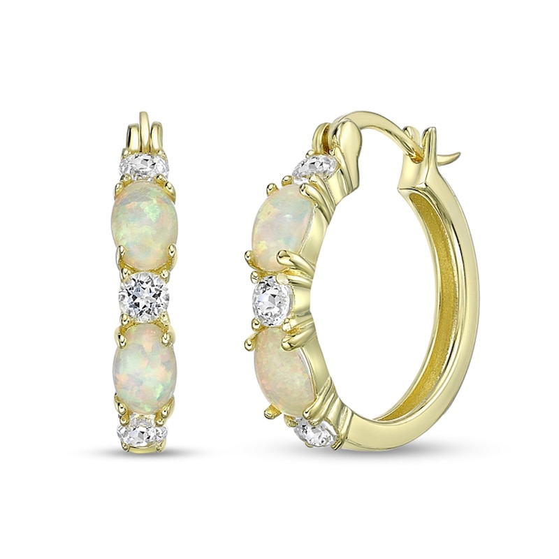 Main Image 1 of Oval Lab-Created Opal and White Topaz Alternating Hoop Earrings in Sterling Silver with 18K Gold Plate