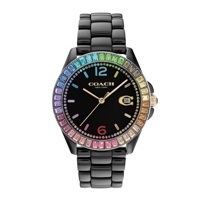 Main Image 1 of Ladies' Coach Greyson Multi-Color Crystal Accent Rainbow Bezel Black Ceramic Watch with Black Dial (Model: 14504018)