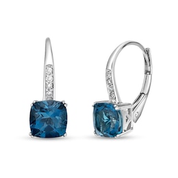 6.0mm Cushion-Cut London Blue Topaz and 1/20 CT. T.W. Diamond Drop Earrings in 10K White Gold