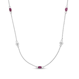 Oval Lab-Created Ruby and White Lab-Created Sapphire Alternating Station Necklace in Sterling Silver