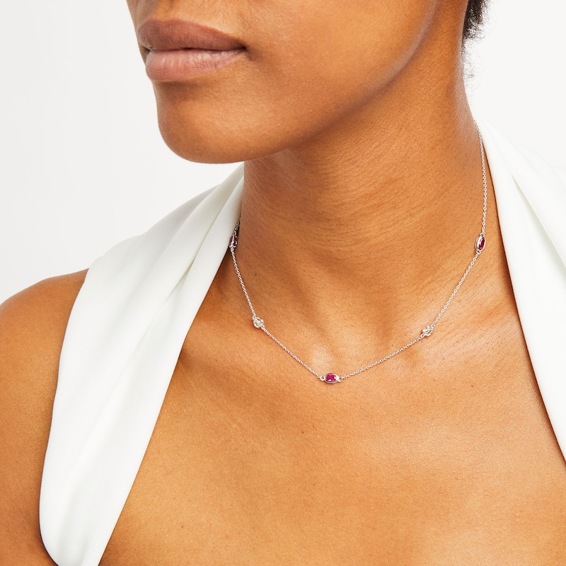 Oval Lab-Created Ruby and White Lab-Created Sapphire Alternating Station Necklace in Sterling Silver