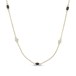 Oval Blue and White Lab-Created Sapphire Alternating Station Necklace in Sterling Silver with 18K Gold Plate