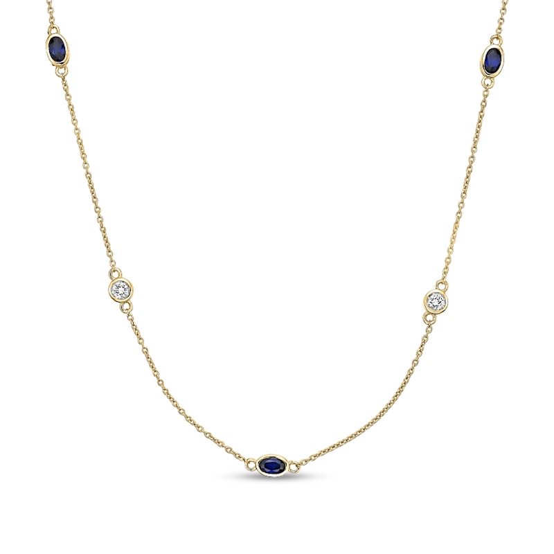 Main Image 1 of Oval Blue and White Lab-Created Sapphire Alternating Station Necklace in Sterling Silver with 18K Gold Plate