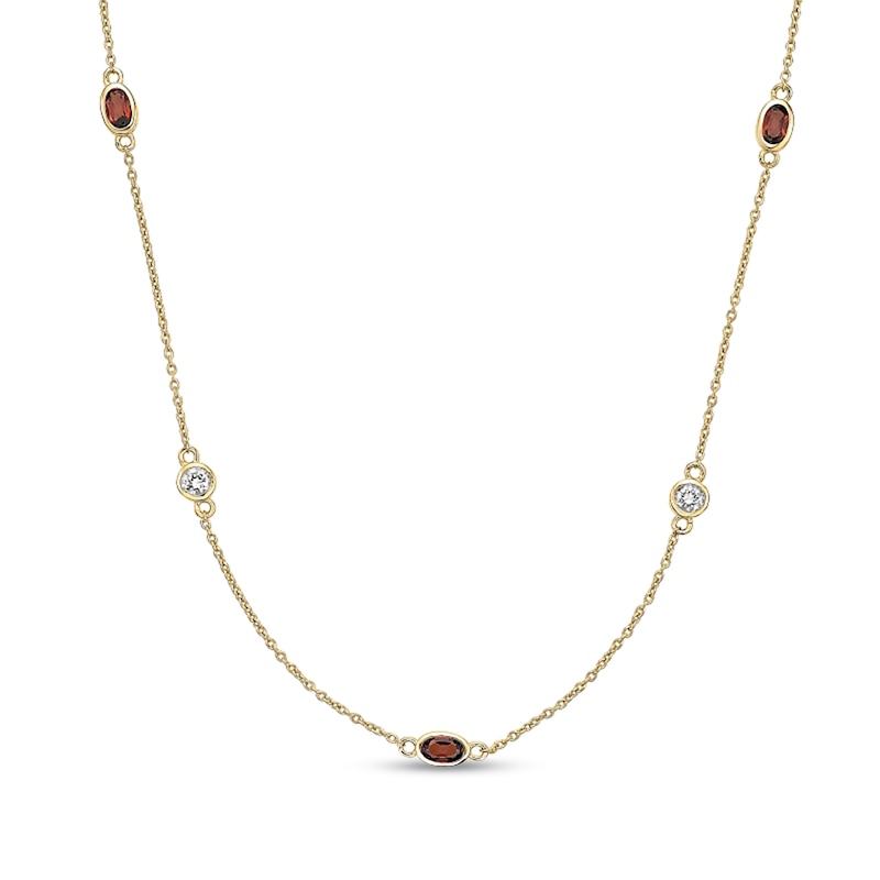 Oval Garnet and White Topaz Alternating Station Necklace in Sterling Silver with 18K Gold Plate