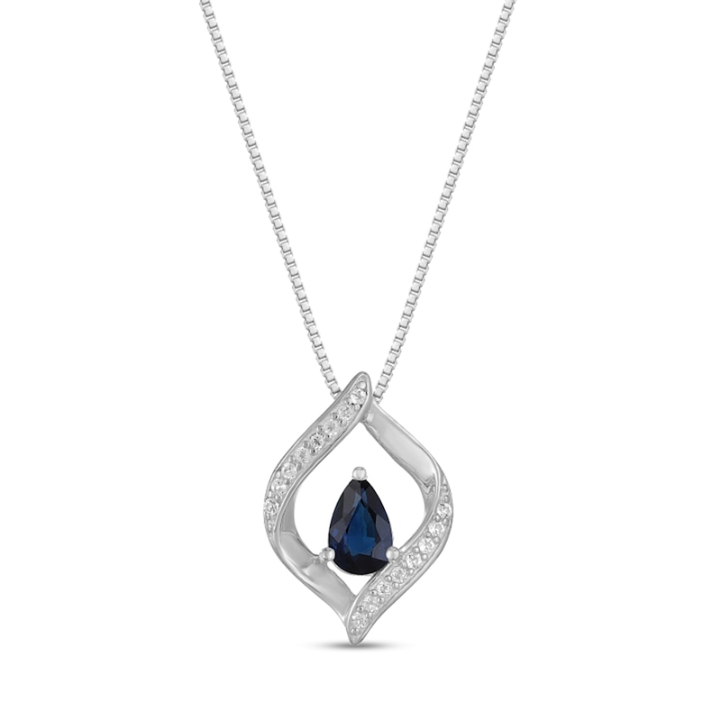 Main Image 1 of Pear-Shaped Blue Sapphire and 1/15 CT. T.W. Diamond Twist Frame Pendant in 10K White Gold