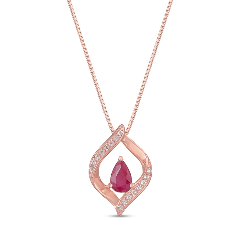 Main Image 1 of Pear-Shaped Ruby and 1/15 CT. T.W. Diamond Twist Frame Pendant in 10K Rose Gold