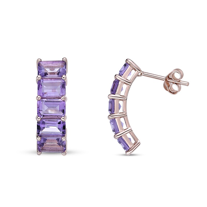 Main Image 2 of Emerald-Cut Amethyst Five Stone Curved Drop Earrings in Sterling Silver with 18K Rose Gold