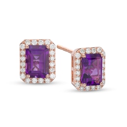 EFFY™ Collection Emerald-Cut Amethyst and 1/5 CT. T.W. Diamond Frame Stud Earrings in 14K Rose Gold