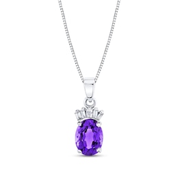 Oval Amethyst and 1/15 CT. T.W. Baguette Diamond Fan-Top Pendant in 14K White Gold