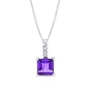 Thumbnail Image 0 of 7.0mm Princess-Cut Amethyst and 1/20 CT. T.W. Diamond Drop Pendant in 14K White Gold