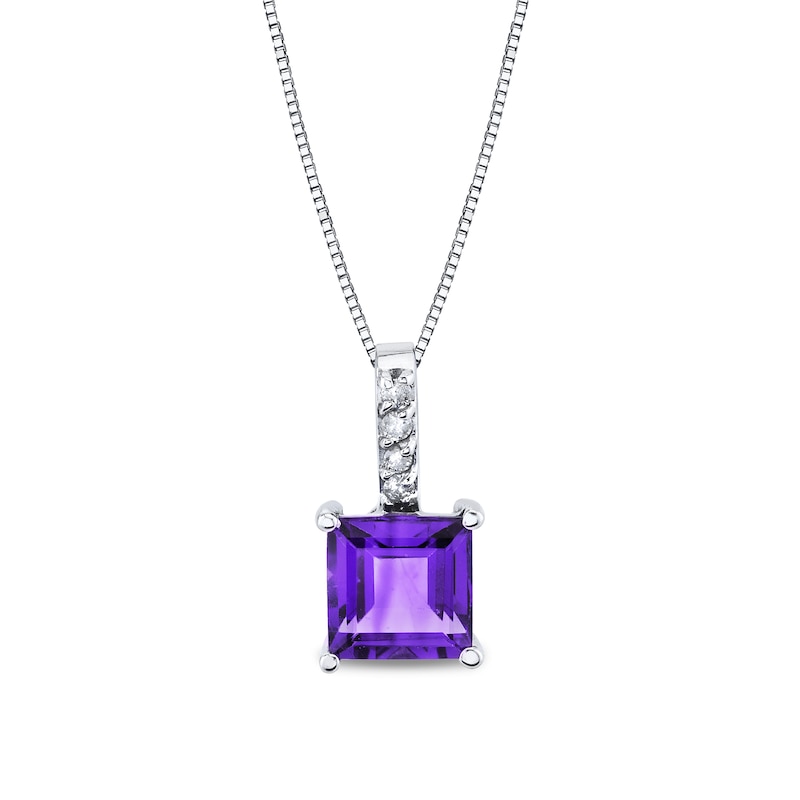 7.0mm Princess-Cut Amethyst and 1/20 CT. T.W. Diamond Drop Pendant in 14K White Gold