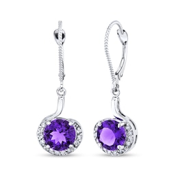 7.0mm Amethyst and 1/6 CT. T.W. Diamond Swirl Frame Rope Drop Earrings in 14K White Gold