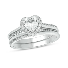 6.0mm Heart-Shaped White Lab-Created Sapphire and 1/3 CT. T.W. Diamond Frame Bridal Set in Sterling Silver