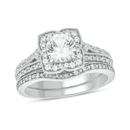 6.0mm White Lab-Created Sapphire and 1/3 CT. T.W. Diamond Frame Vintage-Style Split Shank Bridal Set in Sterling Silver