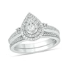 Thumbnail Image 1 of 1/4 CT. T.W. Pear-Shaped Multi-Diamond Double Frame Bridal Set in Sterling Silver