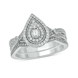 1/2 CT. T.W. Pear-Shaped Multi-Diamond Double Frame Vintage-Style Bridal Set in Sterling Silver