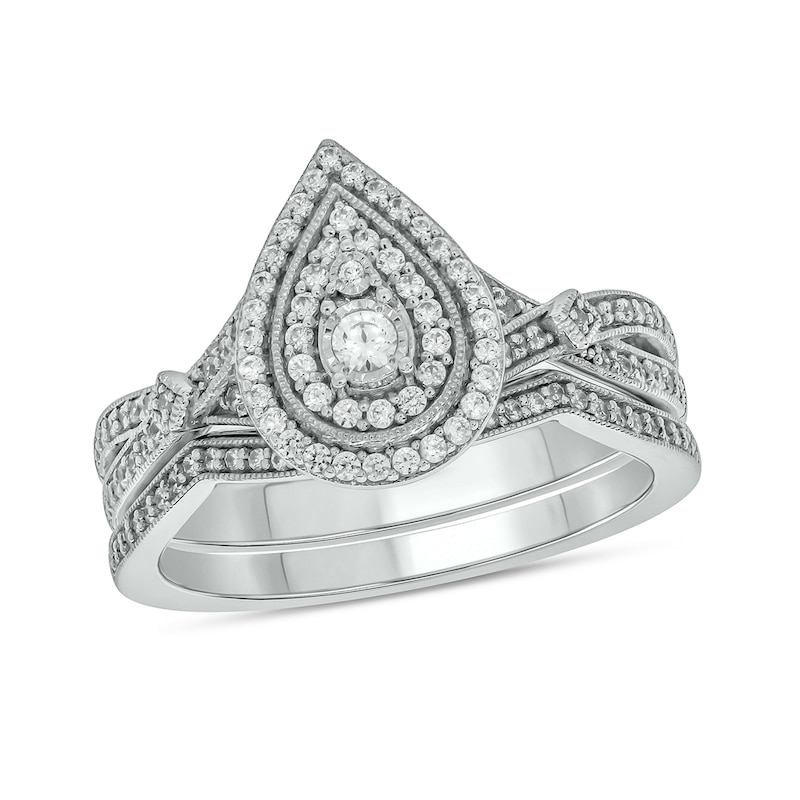 Main Image 1 of 1/2 CT. T.W. Pear-Shaped Multi-Diamond Double Frame Vintage-Style Bridal Set in Sterling Silver