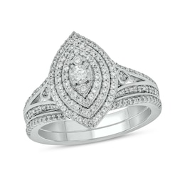 1/2 CT. T.W. Marquise-Shaped Multi-Diamond Triple Frame Split Shank Bridal Set in Sterling Silver