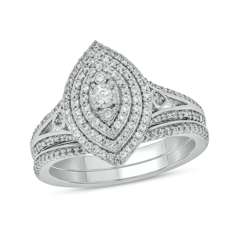 Main Image 1 of 1/2 CT. T.W. Marquise-Shaped Multi-Diamond Triple Frame Split Shank Bridal Set in Sterling Silver