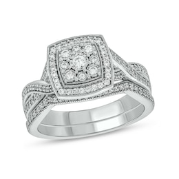 1/2 CT. T.W. Princess-Shaped Multi-Diamond Frame Vintage-Style Bridal Set in Sterling Silver