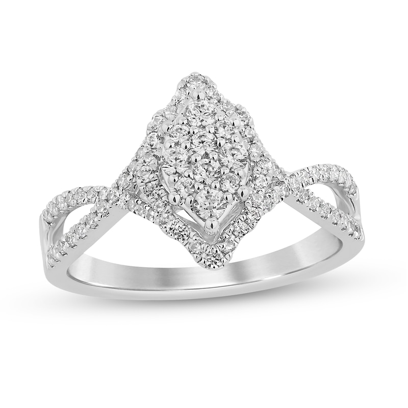 Main Image 1 of 1/2 CT. T.W. Marquise-Shaped Multi-Diamond Frame Twist Shank Engagement Ring in 14K White Gold (I/I2)