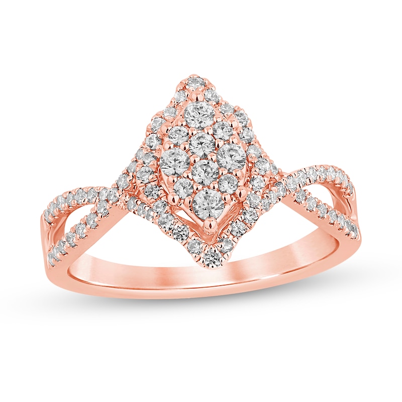 Main Image 1 of 1/2 CT. T.W. Marquise-Shaped Multi-Diamond Frame Twist Shank Engagement Ring in 14K Rose Gold (I/I2)