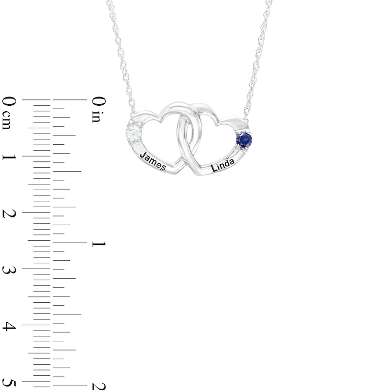 Couple's 3.0mm Simulated Gemstone Engravable Interlocking Hearts Necklace in Sterling Silver (2 Stones and Lines)