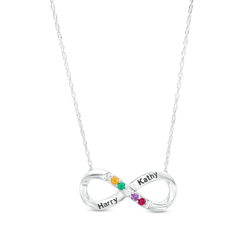 Couple's Simulated Gemstone Engravable Infinity Loop Necklace in Sterling Silver (5 Stones and 2 Lines)