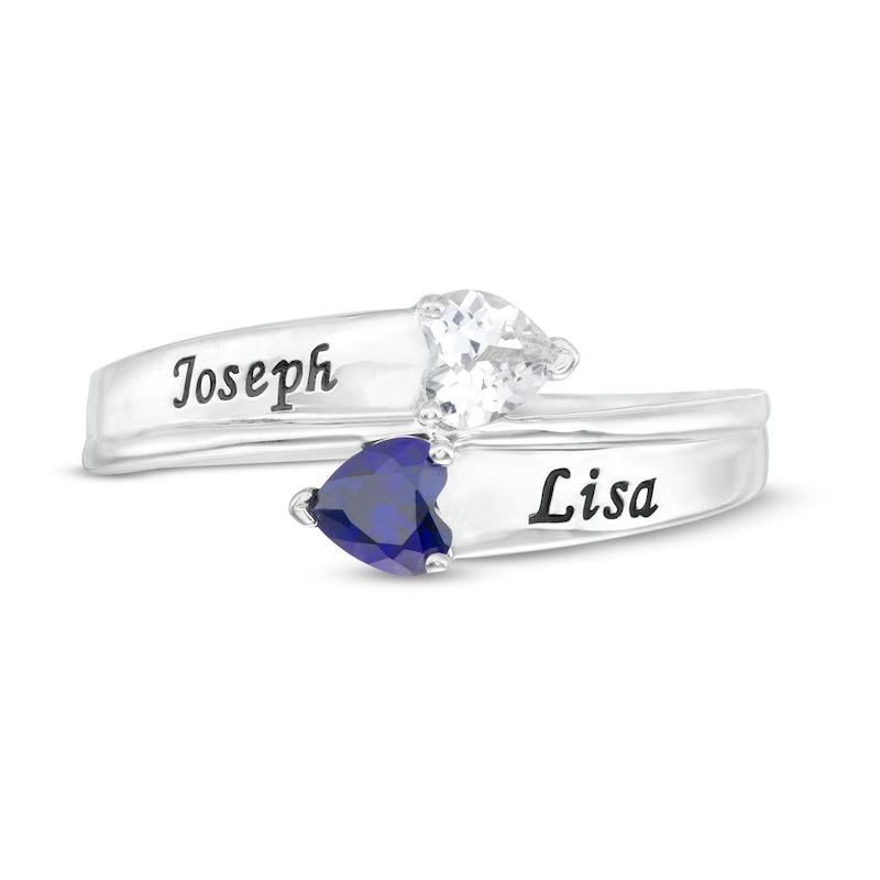 Couple's 4.0mm Heart-Shaped Simulated Gemstone Engravable Bypass Ring in Sterling Silver (2 Stones and 3 Lines)