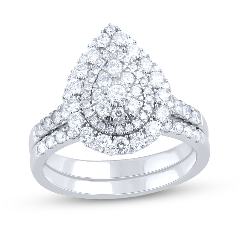 Main Image 1 of 1-1/4 CT. T.W. Pear-Shaped Multi-Diamond Double Frame Bridal Set in 14K White Gold