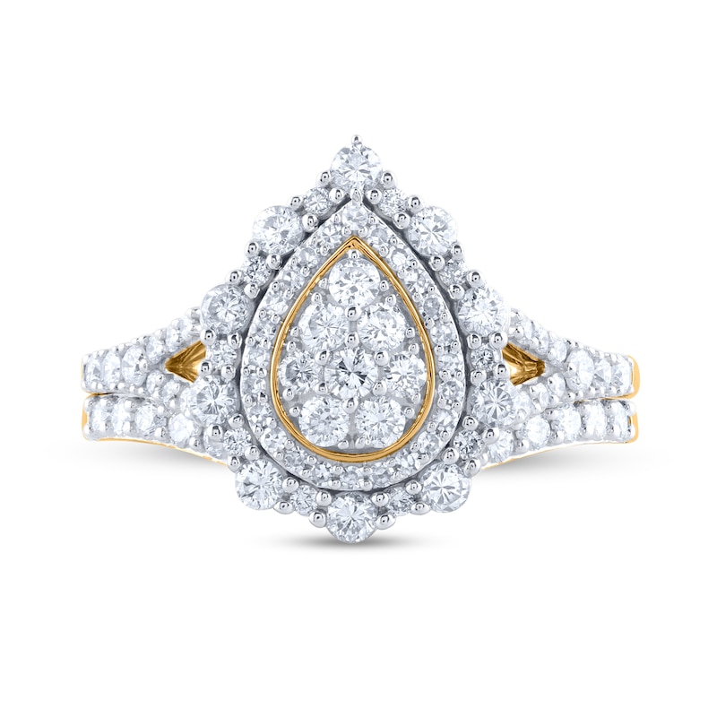 Main Image 4 of 1 CT. T.W. Pear-Shaped Multi-Diamond Double Frame Split Shank Ornate Bridal Set in 14K Gold