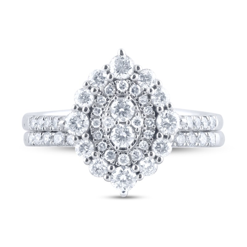 Main Image 4 of 1 CT. T.W. Oval-Shaped Multi-Diamond Double Frame Ornate Bridal Set in 14K White Gold