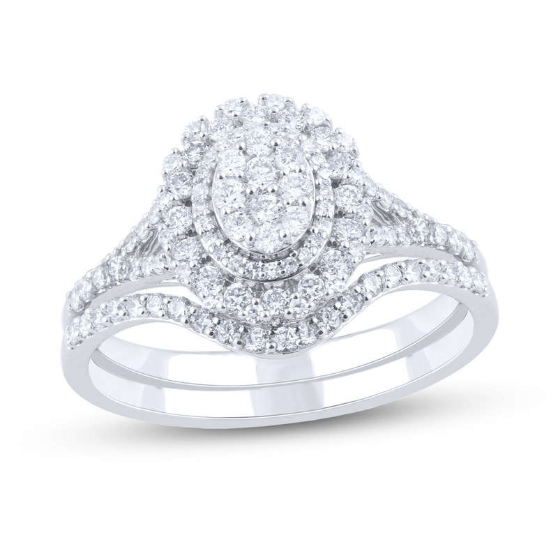 Main Image 1 of 5/8 CT. T.W. Oval-Shaped Multi-Diamond Double Frame Split Shank Bridal Set in 14K White Gold