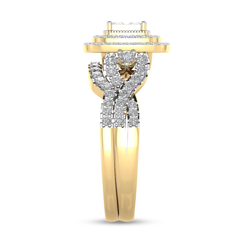 Main Image 2 of 1 CT. T.W. Princess-Cut Quad Diamond Double Cushion Frame Multi-Row Twist Shank Bridal Set in 14K Gold