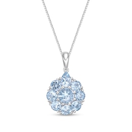 Pear-Shaped and Round Aquamarine Flower Drop Pendant in 10K White Gold