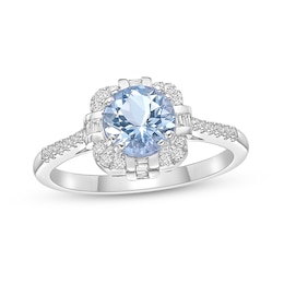 7.0mm Aquamarine and 1/4 CT. T.W. Baguette and Round Diamond Alternating Cushion Frame Ring in 10K White Gold