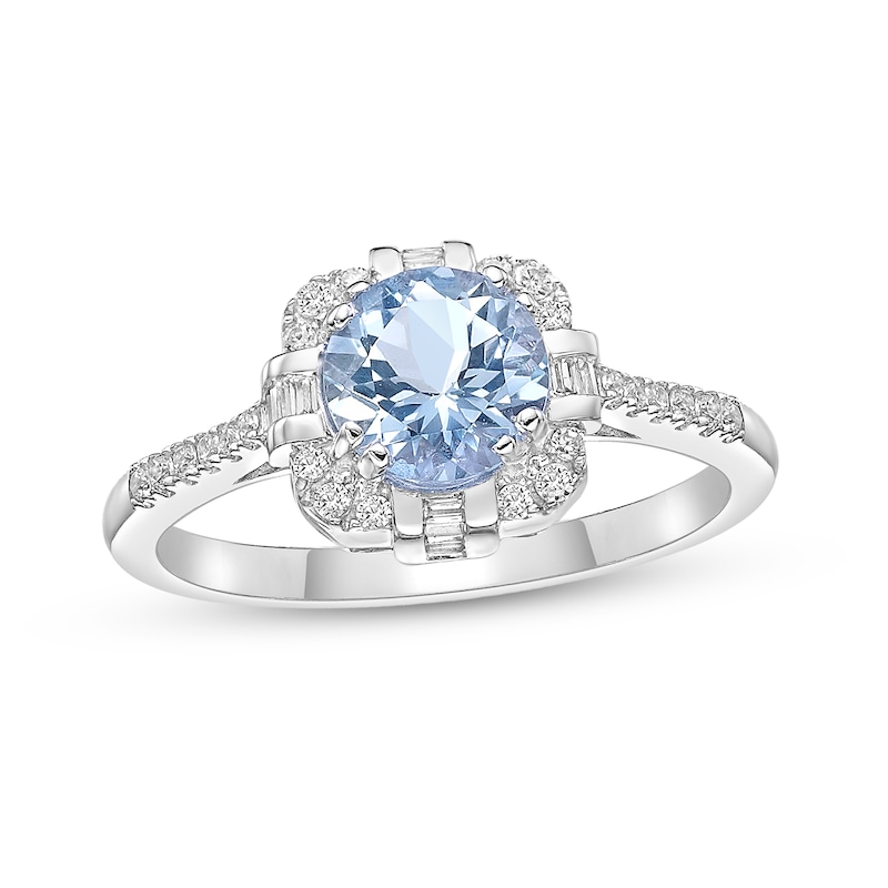 Main Image 1 of 7.0mm Aquamarine and 1/4 CT. T.W. Baguette and Round Diamond Alternating Cushion Frame Ring in 10K White Gold