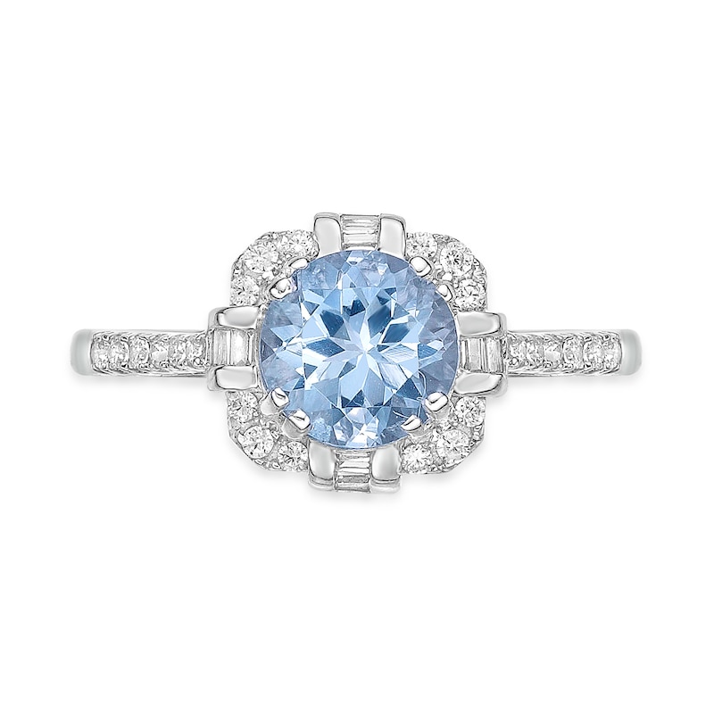 Main Image 4 of 7.0mm Aquamarine and 1/4 CT. T.W. Baguette and Round Diamond Alternating Cushion Frame Ring in 10K White Gold