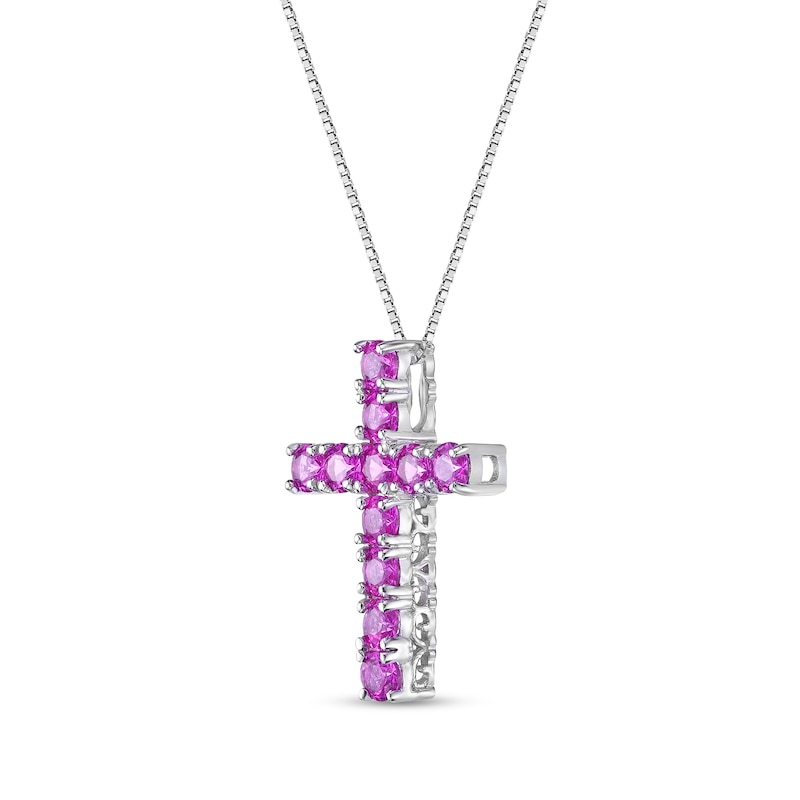 Main Image 2 of 3.5mm Pink Lab-Created Sapphire Cross Pendant in Sterling Silver